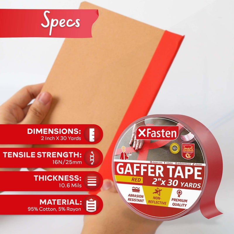 XFasten Red Gaffers Tape 2 Inch x 30 Yards, No Residue Tape, Gaff Tape Pro for Cables and Wires, Non-Reflective Tape for Electrical Cords, Photography, Gym Floor Stage Marking - Image 2